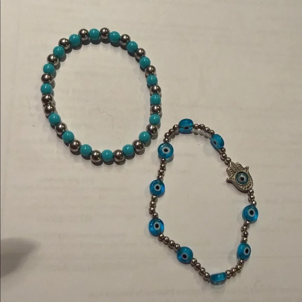 Silver and Blue Beaded Hamsa Bracelet Set - (2 Bracelets) - NEW